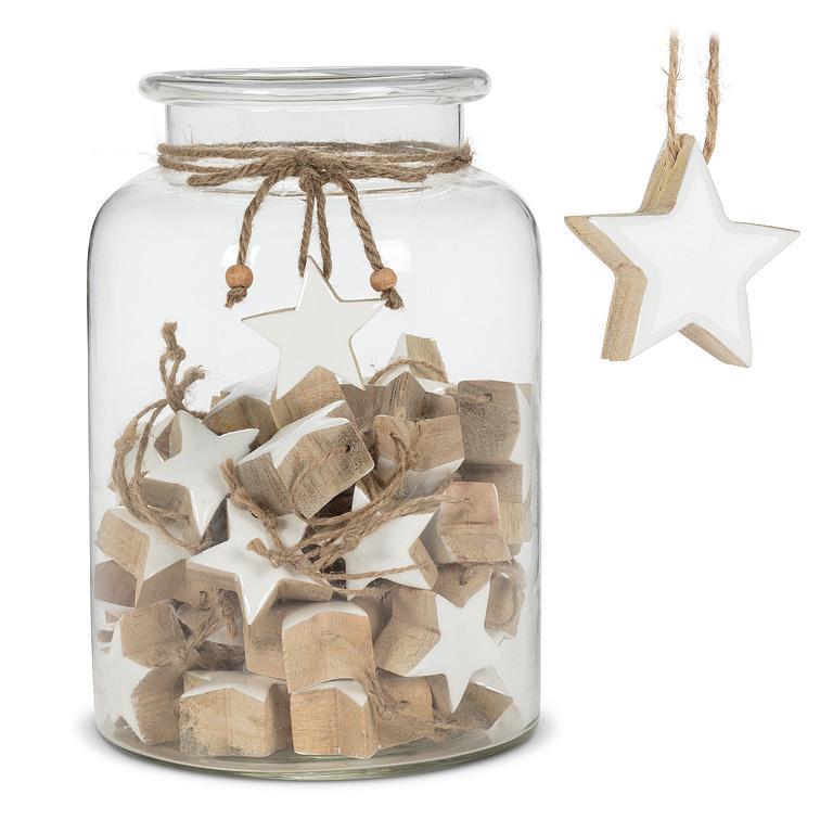 Glass jar filled with 60 mangowood star ornaments with jute hangers