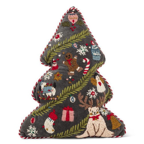 Storybook Evergreen embroidered tree pillow in dark grey velvet with festive icons, 12