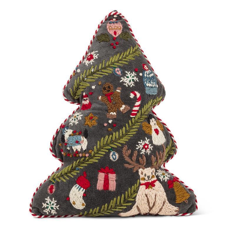 Storybook Evergreen embroidered tree pillow in dark grey velvet with festive icons, 12