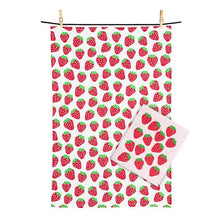 Load image into Gallery viewer, Strawberry print kitchen towel with matching dishcloth in pink and red
