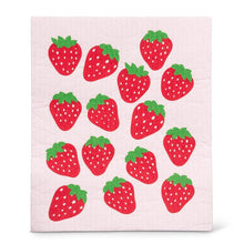 Load image into Gallery viewer, Strawberry print kitchen towel with matching dishcloth in pink and red
