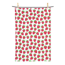 Load image into Gallery viewer, Strawberry print kitchen towel with matching dishcloth in pink and red
