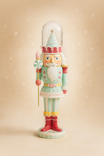 Sugarplum Soldier Snow Globe—pastel nutcracker figurine with candy scepter and cake-top dome, 13 inches tall