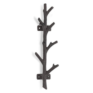 Antique brass cast-iron vertical branch wall hook with twig detail, 6" tall.