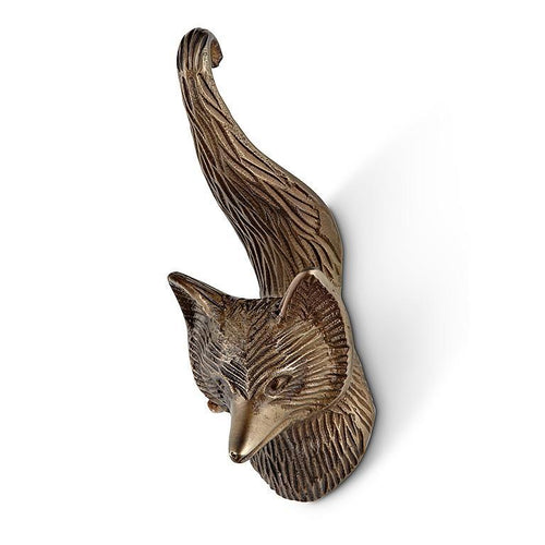 Antique-brass fox wall hook with upturned tail