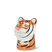 Load image into Gallery viewer, Ceramic tiger head bud vase in orange, white, and black with a small opening at the top, shown on a white background
