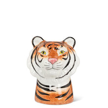 Load image into Gallery viewer, Ceramic tiger head bud vase in orange, white, and black with a small opening at the top, shown on a white background
