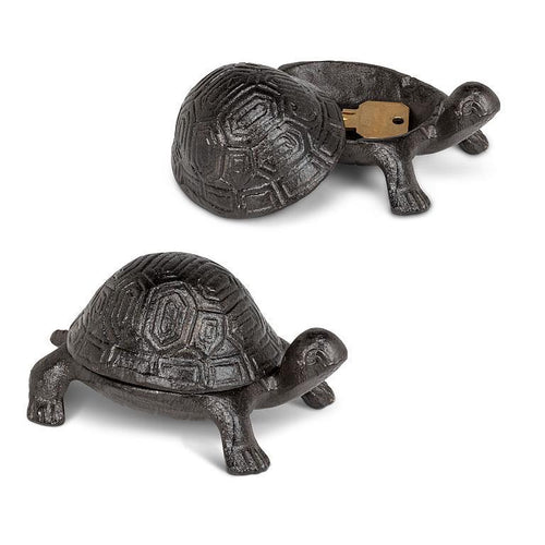 Cast-iron brown turtle key keeper with lift-off shell revealing hidden compartment, 4.5