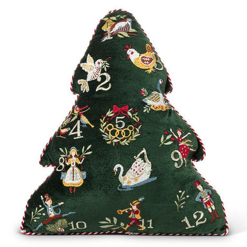 Tree-shaped dark-green velvet pillow embroidered with the Twelve Days of Christmas and candy-stripe piping