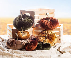 Set of four 10" velvet pumpkins with resin stems in moss, rust, ochre, and taupe.