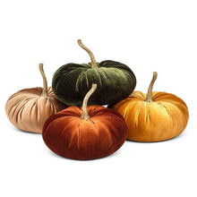 Load image into Gallery viewer, Set of four 10&quot; velvet pumpkins with resin stems in moss, rust, ochre, and taupe.
