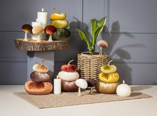 Load image into Gallery viewer, Set of six velvet mushrooms with resin stems in assorted neutral tones, about 4.5 inches tall.
