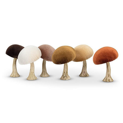 Set of six velvet mushrooms with resin stems in assorted neutral tones, about 4.5 inches tall.