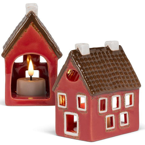 Red stoneware house tealight holder with brown roof and cutout windows, 4.5