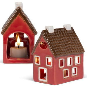 Red stoneware house tealight holder with brown roof and cutout windows, 4.5" tall