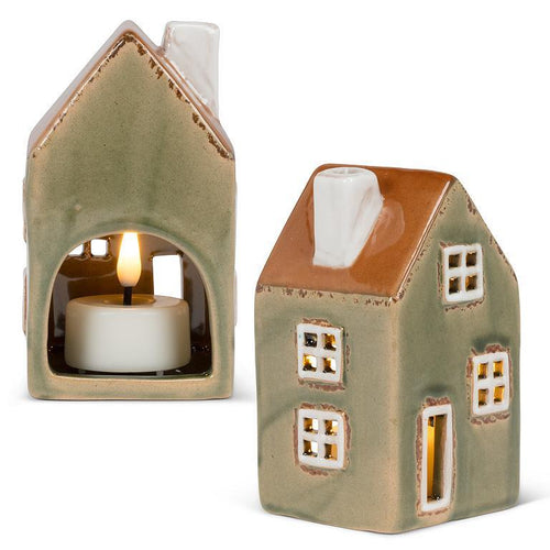 Green stoneware house tealight holder with brown roof and cutout windows, 4