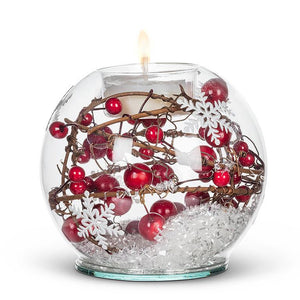 Winterberry Snowball Votive—glass holder with red berries and snowy base, casting a warm glow