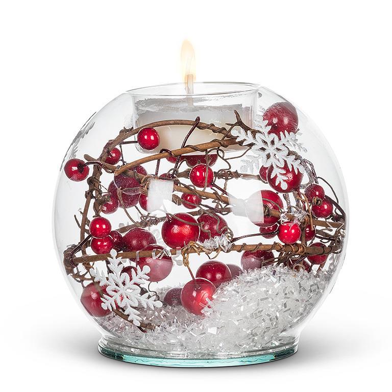 Winterberry Snowball Votive—glass holder with red berries and snowy base, casting a warm glow