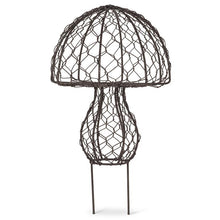 Load image into Gallery viewer, Set of two antique-black wire mesh mushroom garden stakes, about 7.5 inches tall, for planters or flower beds.
