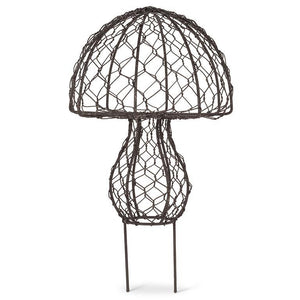Set of two antique-black wire mesh mushroom garden stakes, about 7.5 inches tall, for planters or flower beds.