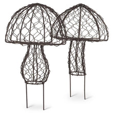 Load image into Gallery viewer, Set of two antique-black wire mesh mushroom garden stakes, about 7.5 inches tall, for planters or flower beds.
