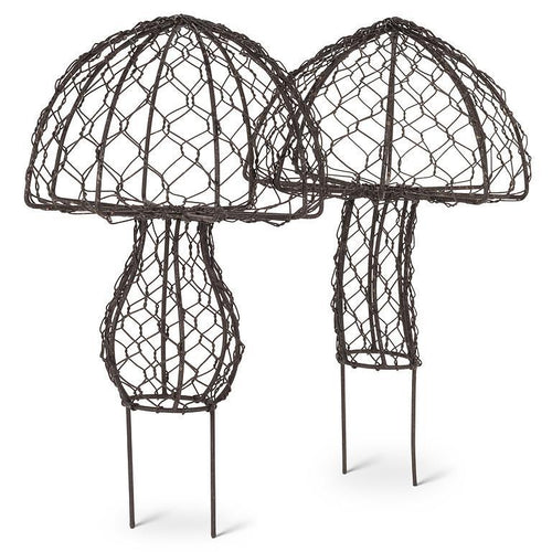 Set of two antique-black wire mesh mushroom garden stakes, about 7.5 inches tall, for planters or flower beds.