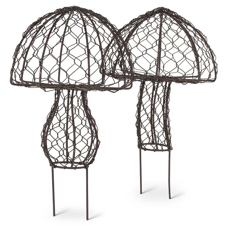 Set of two antique-black wire mesh mushroom garden stakes, about 7.5 inches tall, for planters or flower beds.