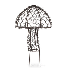 Load image into Gallery viewer, Set of two antique-black wire mesh mushroom garden stakes, about 7.5 inches tall, for planters or flower beds.
