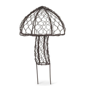Set of two antique-black wire mesh mushroom garden stakes, about 7.5 inches tall, for planters or flower beds.