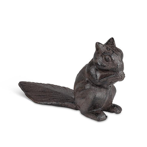 Cast-iron chipmunk door wedge in dark brown with tail extending under door; 4 inches tall.