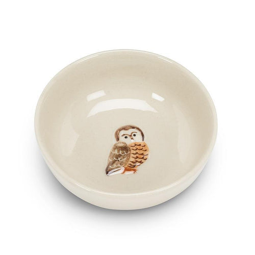 Ivory stoneware mini bowl with hand-painted owl at center, 3.25 inch diameter