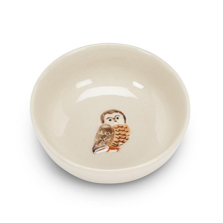 Ivory stoneware mini bowl with hand-painted owl at center, 3.25 inch diameter