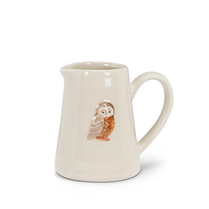 Small ivory stoneware mini jug with brown owl illustration, 3 inches tall, 5 oz