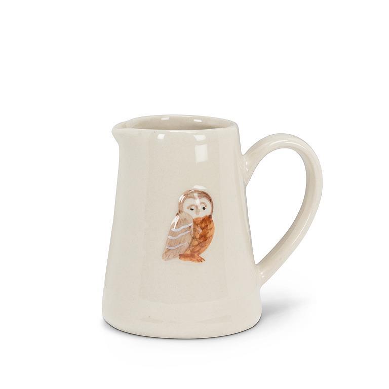 Small ivory stoneware mini jug with brown owl illustration, 3 inches tall, 5 oz
