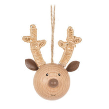 Load image into Gallery viewer, Set of three beechwood reindeer face ornaments with wrapped antlers and neutral finishes
