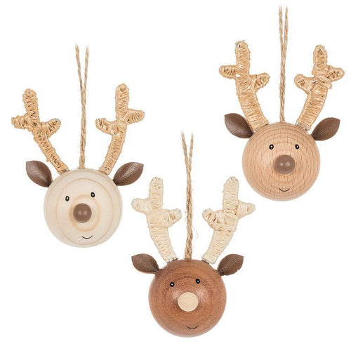 Set of three beechwood reindeer face ornaments with wrapped antlers and neutral finishes