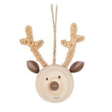 Load image into Gallery viewer, Set of three beechwood reindeer face ornaments with wrapped antlers and neutral finishes
