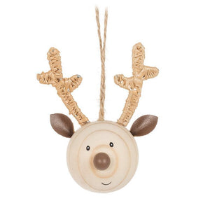 Set of three beechwood reindeer face ornaments with wrapped antlers and neutral finishes
