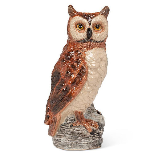 Glossy horned owl stoneware vase, 12 inches tall, brown with detailed feathers