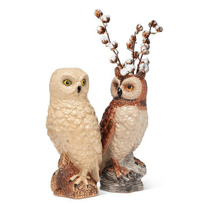 Glossy horned owl stoneware vase, 12 inches tall, brown with detailed feathers