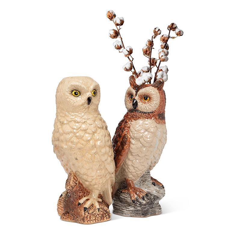 Glossy horned owl stoneware vase, 12 inches tall, brown with detailed feathers