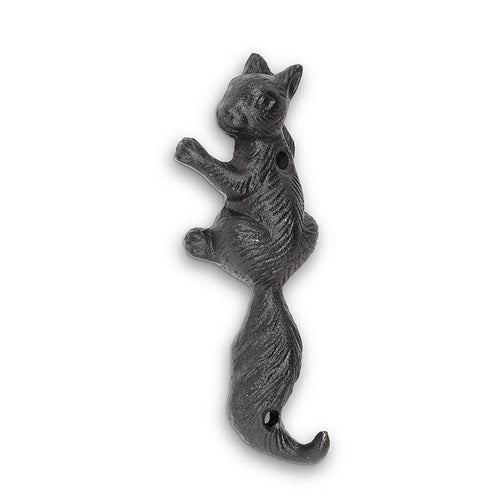 Cast-iron climbing squirrel wall hook in black, 5 inches high, with sculpted detail.