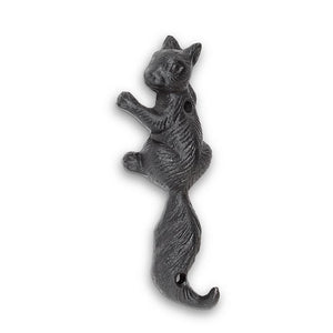 Cast-iron climbing squirrel wall hook in black, 5 inches high, with sculpted detail.