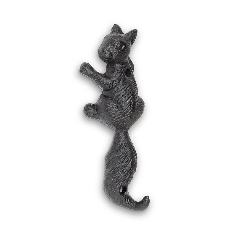 Cast-iron climbing squirrel wall hook in black, 5 inches high, with sculpted detail.