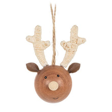 Load image into Gallery viewer, Set of three beechwood reindeer face ornaments with wrapped antlers and neutral finishes
