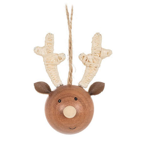 Set of three beechwood reindeer face ornaments with wrapped antlers and neutral finishes