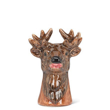 Load image into Gallery viewer, Ceramic deer head bud vase in glossy brown with antlers and a small opening for stems, shown on a white background
