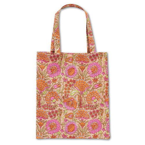 Bloom & Press Market Tote – A printed cotton tote featuring a vintage-inspired stamp floral design, perfect for shopping, books, and everyday essentials.
