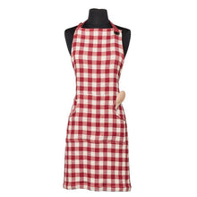 Load image into Gallery viewer, Gingham cotton apron with front pocket, stitched detailing, and metal grommet ties.
