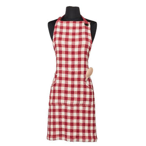 Gingham cotton apron with front pocket, stitched detailing, and metal grommet ties.